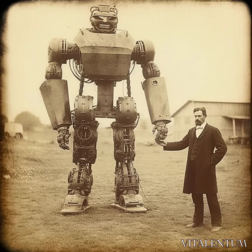 PROMPT a human from the 1870s walking a giant a cyborg. Old time photo, sepia