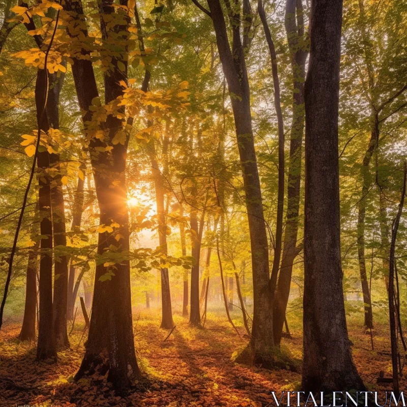 Tall glowing trees surround you, their leaves shimmering in the soft morning sunlight. AI Image