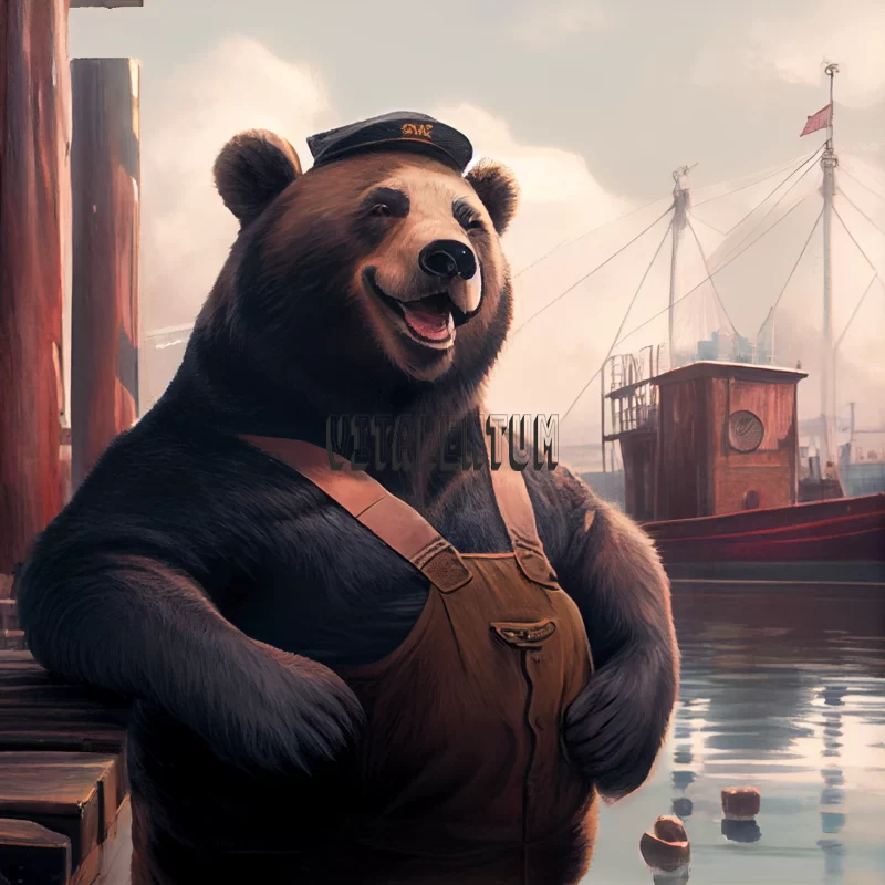 An elderly bear sailor at the docks was smiling AI Image