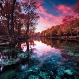 Crystal clear river flow reflecting the vibrant sky and glowing trees at sunset.