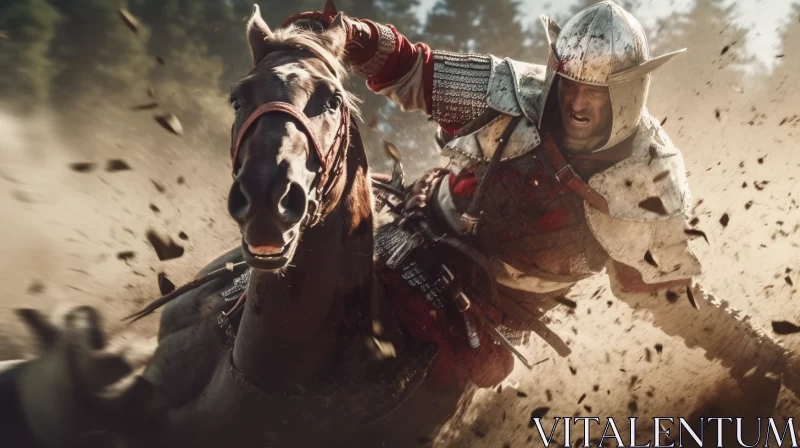 A wounded Teutonic knight falls from his horse n the style of cinematic view AI Image