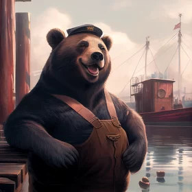 An elderly bear sailor at the docks was smiling