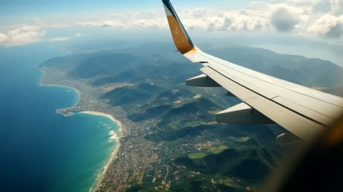 View from the airplane of the ocean, mountains and sea coast, in the style of yellow and deep blue b