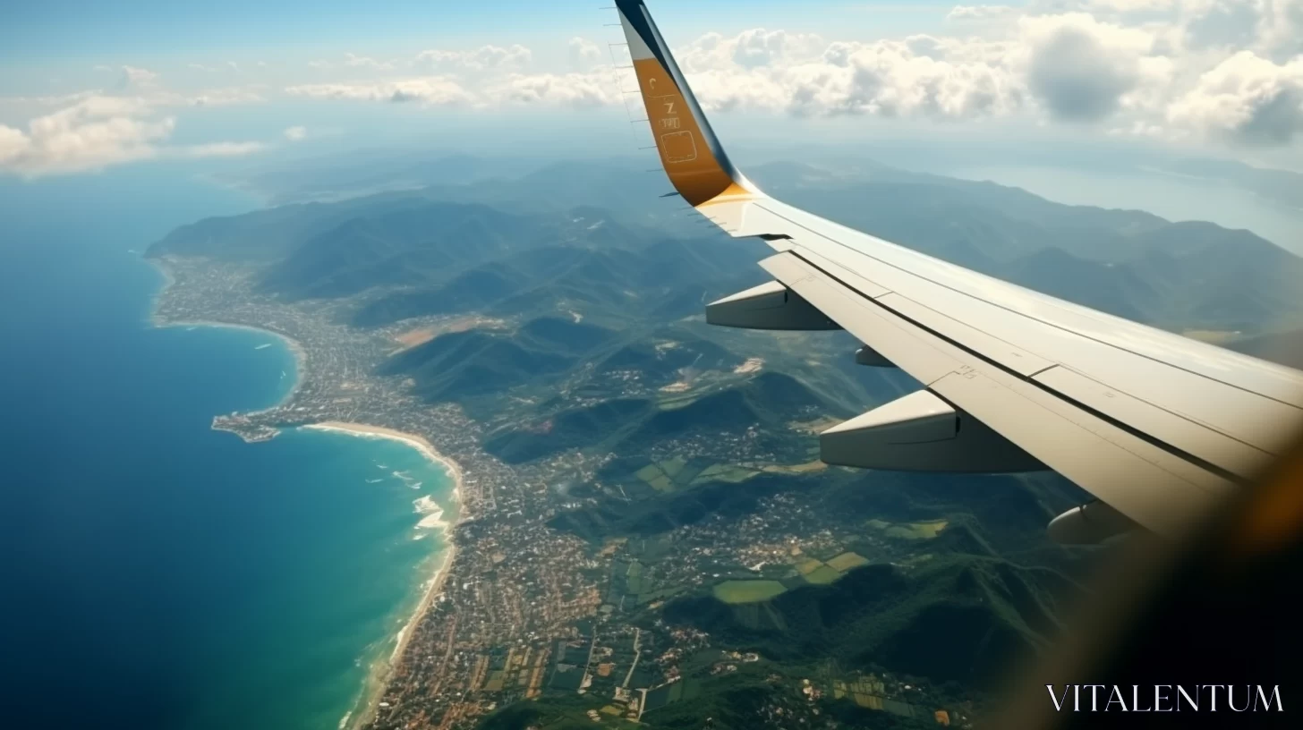 PROMPT View from the airplane of the ocean, mountains and sea coast, in the style of yellow and deep blue b