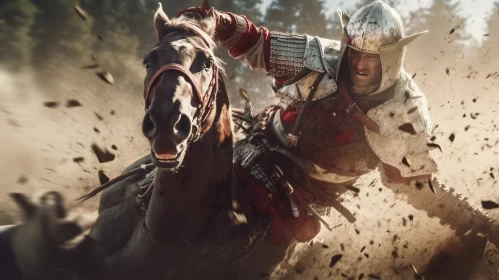 A wounded Teutonic knight falls from his horse n the style of cinematic view