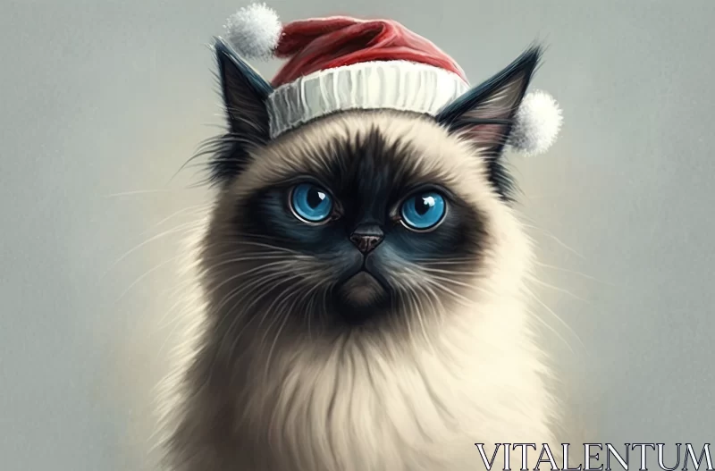 Festive Feline: Cute Birman Cat with Deep Blue Eyes Wearing a Christmas Hat AI Image