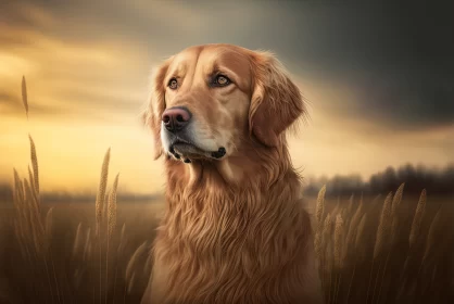 Skybound Companion: Golden Retriever Portrait in a Field Against a Beautiful Sky