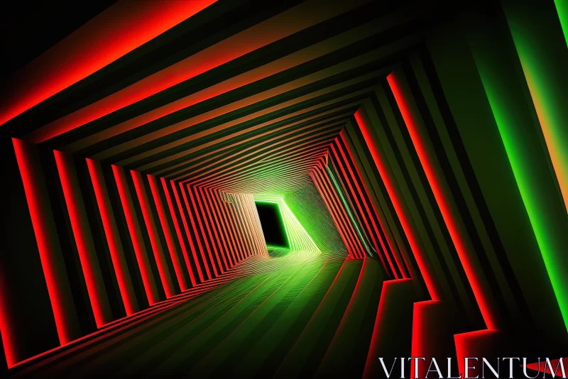 Fluorescent Perspectives: Abstract Green and Red Lines Creating a Tunnel Background AI Image