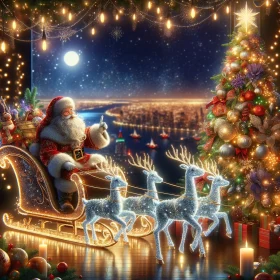 Magical Santa with Reindeer and Christmas Tree - New Year's Celebration
