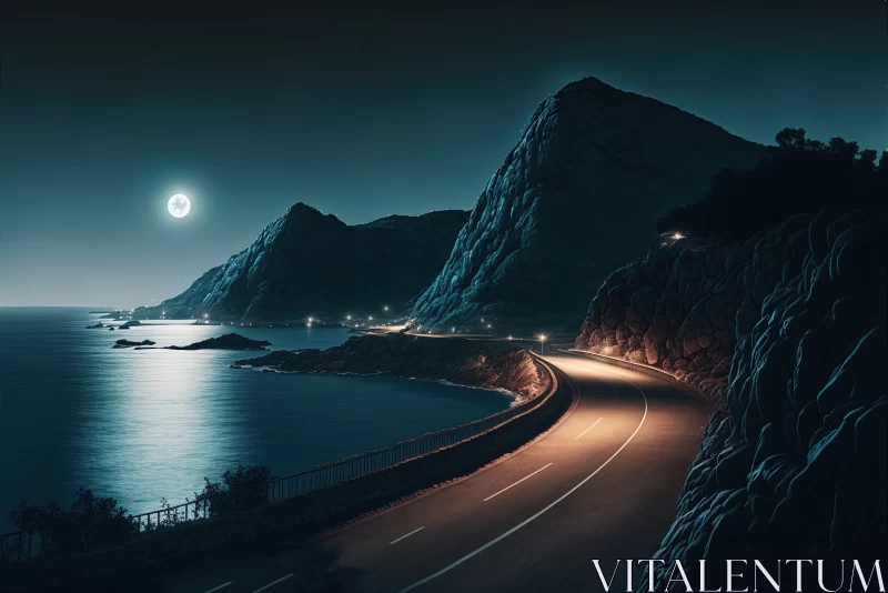 Serene Night View: Empty Roadway Overlooking the Sea on a Mountain AI Image