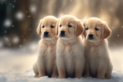 Winter's Delight: Three Resting Golden Retriever Puppies in a Snowy Wonderland