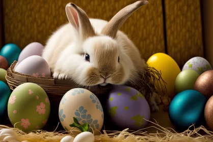Easter Delights: Fluffy White Rabbit and Colored Easter Eggs AI Image