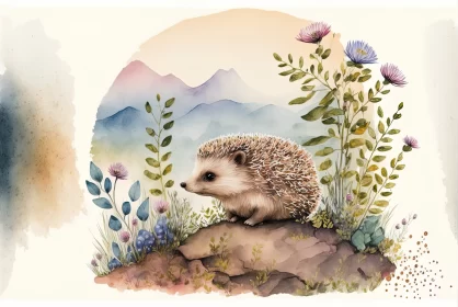 Whimsical Charm: Watercolor Illustrations of a Hedgehog in a Beautiful Landscape