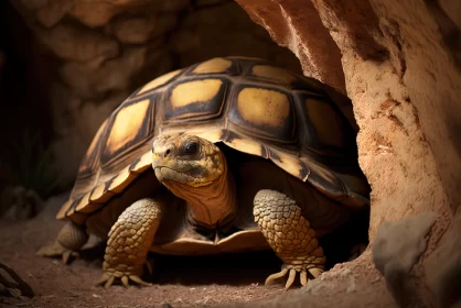 Ancient Wisdom: Brown Asian Forest Tortoise Resting Near a Rocky Burrow AI Image