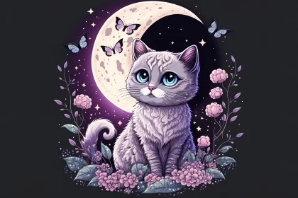 Moonlight Serenade: Gray Cute Kitty Sits on the Moon Amid Delicate Pink and Purple Butterflies