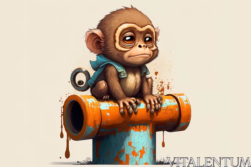 Curiosity Unleashed: Baby Japanese Macaque on Rusty Pipe AI Image
