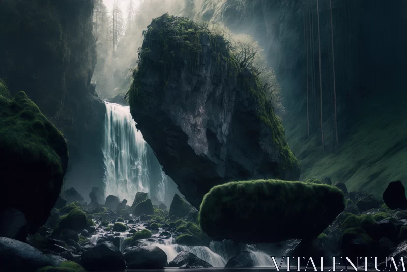 Nature's Cascade: A Majestic Waterfall Amidst Mossy Rock Formations AI Image