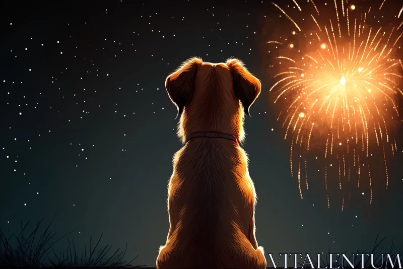 Fireworks Spectacle: Dog Looking at Fireworks in the Night Sky AI Image