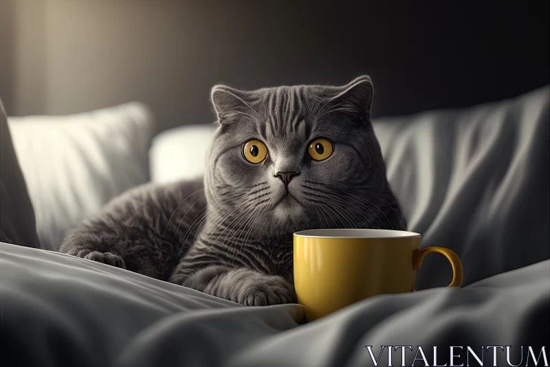 Cozy Mornings: Gray Scottish Fold Cat Relaxing with a Coffee Cup on the Bed AI Image