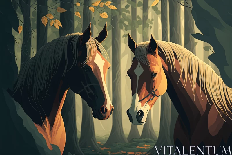 Enchanting Equine Duo: Portrait of Two Horses in a Forest Covered in Trees under the Sunlight AI Image
