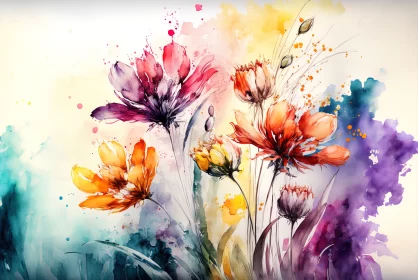 Colors of Spring: Bright Watercolor Painting of Multicolored Flowers