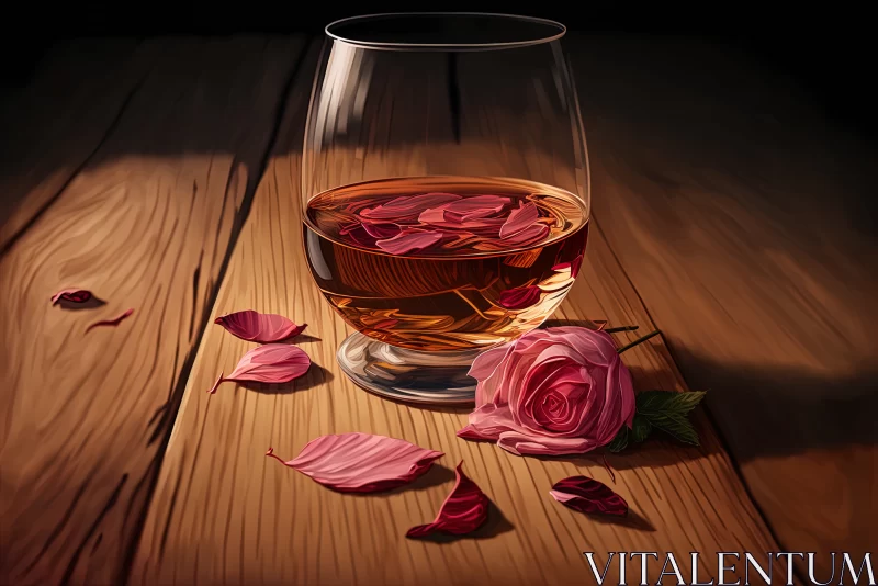 Rosy Indulgence: Glass of Rose Wine and Pink Rose Petals on Wooden Surface AI Image
