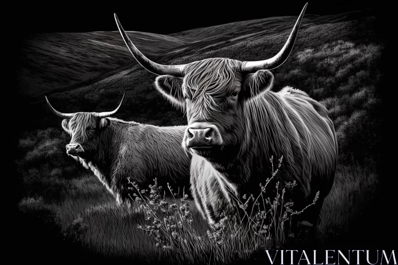 Majestic Presence: Elegant Black and White Shot of Highland Cattle on a Meadow AI Image