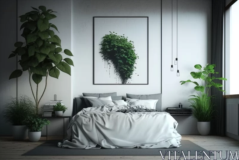 AI ART Minimalistic Serenity: White Bed Sheets and Green Plant in a Tranquil Bedroom