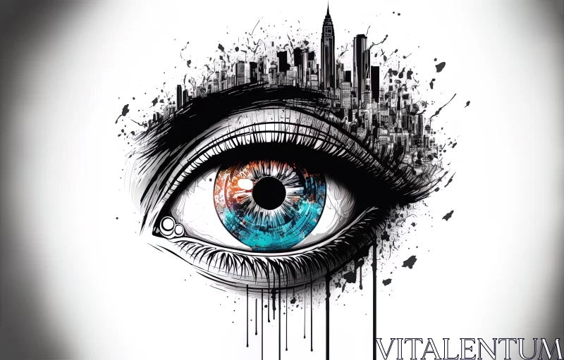 Urban Vision: Exquisite Sketch of an Eye with Hand-Drawn Cityscape AI Image