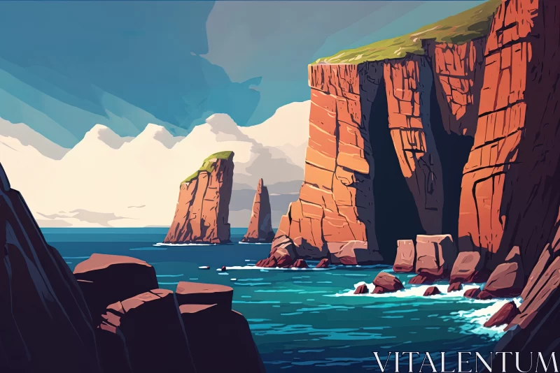 Coastal Haven: Cartoon Picture of Magnificent Rocky Cliffs with Sea Birds Nesting AI Image