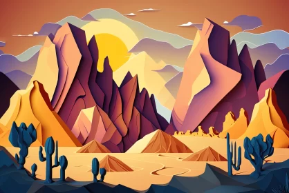 Majestic Peaks: Digital Illustration of Yellow-Toned Drawn Mountains