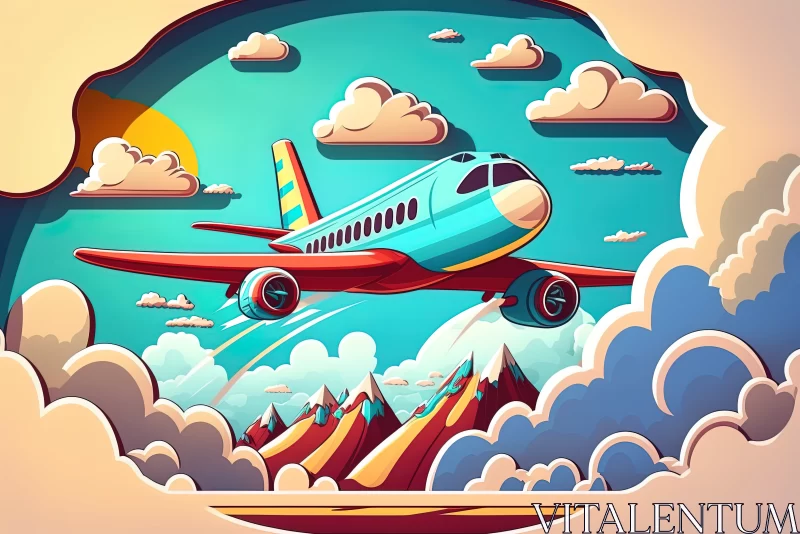 Up in the Sky: Cartoon Airplane Soaring Above Clouds on a Travel Adventure AI Image
