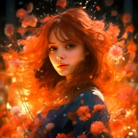 Realistic Art: Girl with Flaming Flowers - Serene and Radiant
