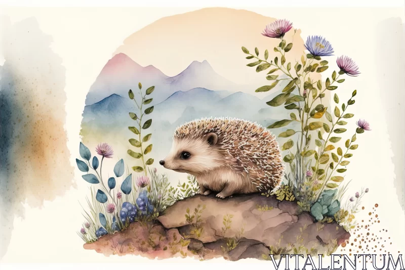 Whimsical Charm: Watercolor Illustrations of a Hedgehog in a Beautiful Landscape AI Image