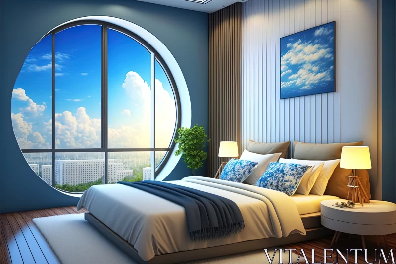 Skybound Haven: A Modern Bedroom with a Breathtaking Round Window AI Image