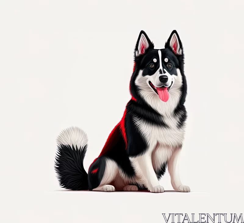 Playful Elegance: Cartoon Husky Dog in Red Collar Sitting on a White Background AI Image