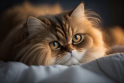 Cozy Comfort: Fluffy Brown Domestic Cat with Orange-Colored Eyes Lying on the Bed