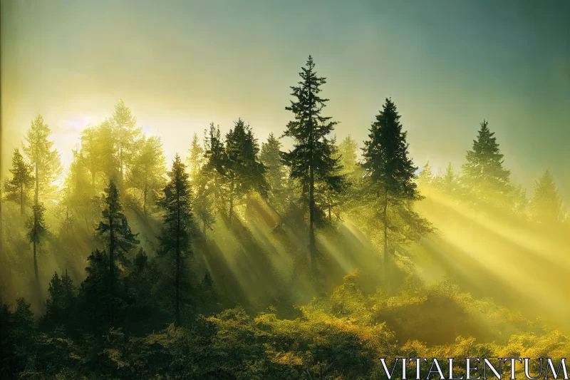 Golden Serenity: Early Morning Sunlight Illuminating Fir Tree Woods AI Image