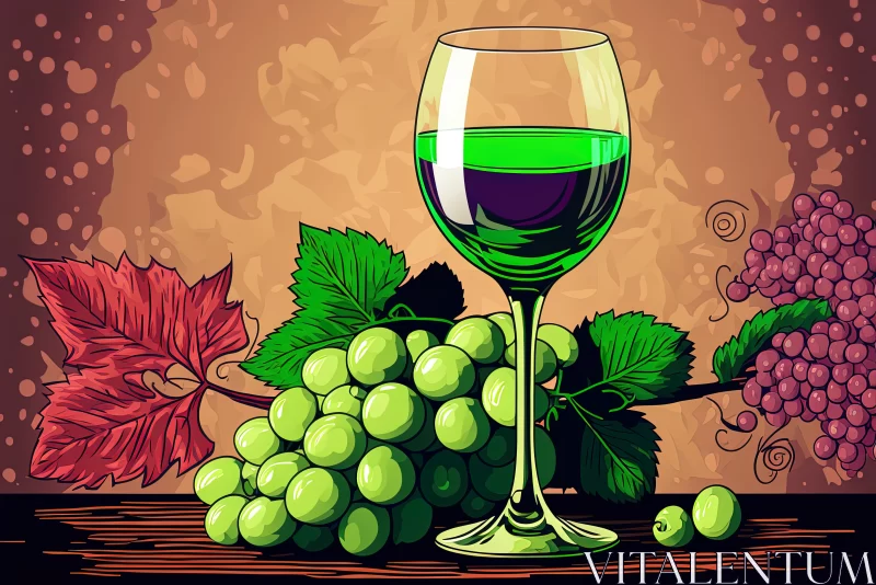 Whimsical Delight: Cartoon-Like Glass of Greenish Wine and Grapes on a Purplish Background AI Image