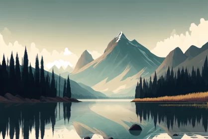 Lake's Reflection: A Serene Mountain Landscape Illustrated in Harmonious Beauty