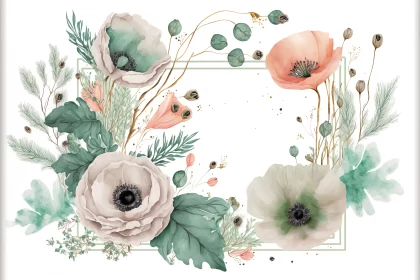 Artistic Fusion: Anemone Flowers and Eucalyptus Twigs Frame with Splashes of Paint
