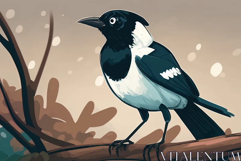 Balancing Act: Magpie Standing on Branch with Blurry Background AI Image