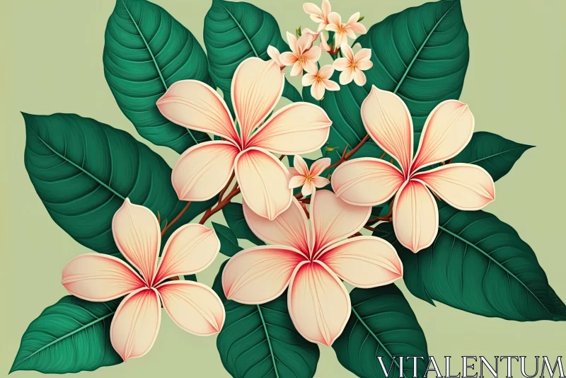 Tropical Elegance: Plumeria Flowers and Leaves on a Serene Light Green Background AI Image