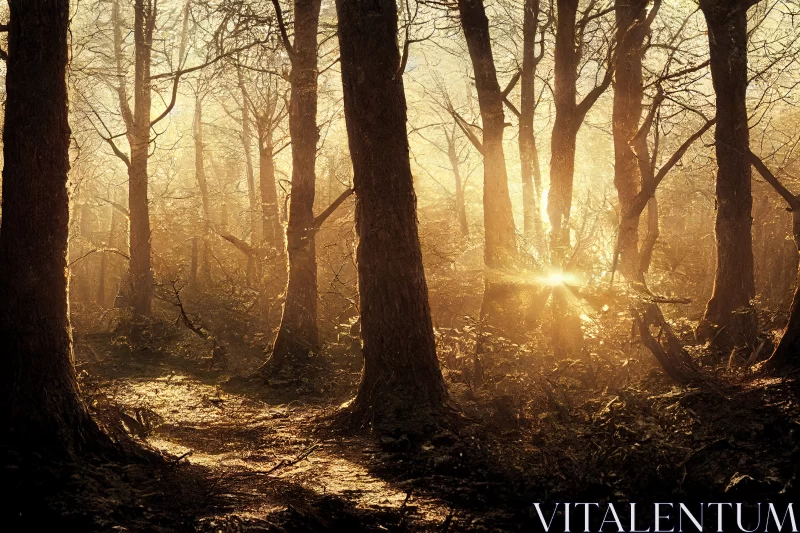 Radiant Illumination: Golden Sunlight in the Enchanting Dark Forest AI Image