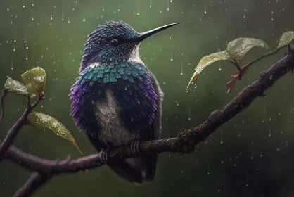 Rainy Serenade: Indigo-Capped Hummingbird Perched on Tree Branch during the Rain