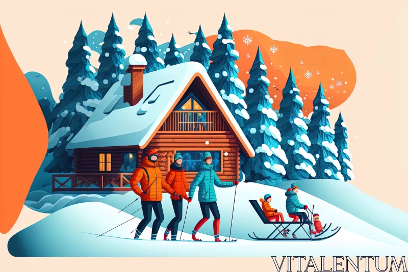 Winter Bliss: Joyful Family Skiing in the Snow AI Image