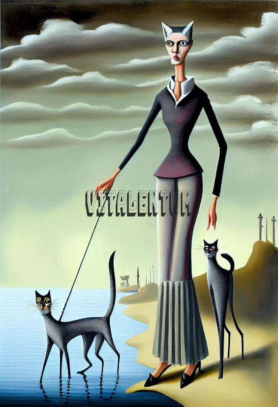 Mystical Cat Lady Walking Her Cats Along The River Shore AI Image