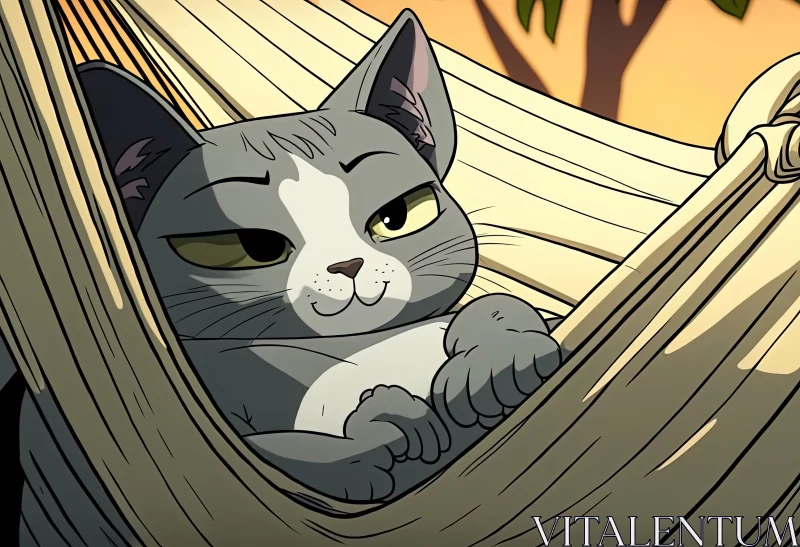 Lazy Feline Bliss: Adorable Grey Cat Lounging in a Hammock AI Image