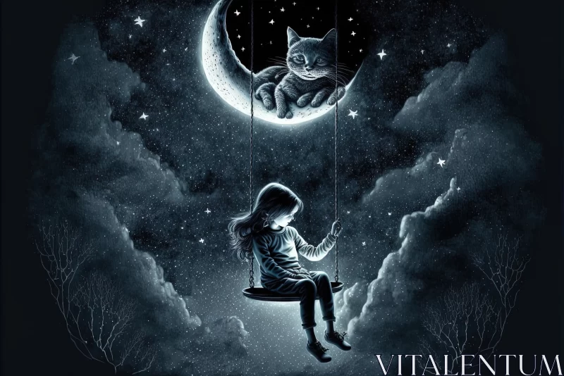 Nighttime Serenade: Girl and Cat Swinging in Moonlight Under the Starlit Sky AI Image