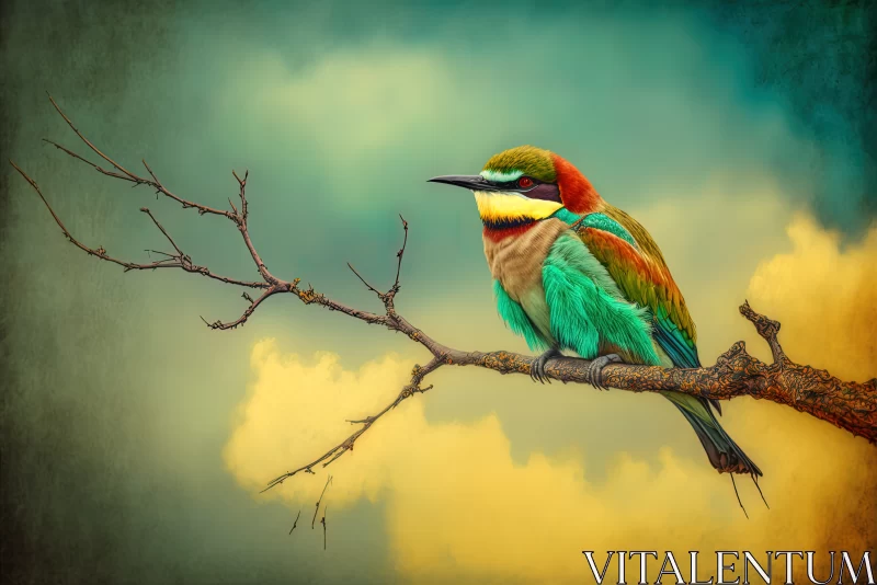 Clouded Beauty: Cute Small Bee Eater Bird Perched on a Tree Branch under the Mysterious Sky AI Image